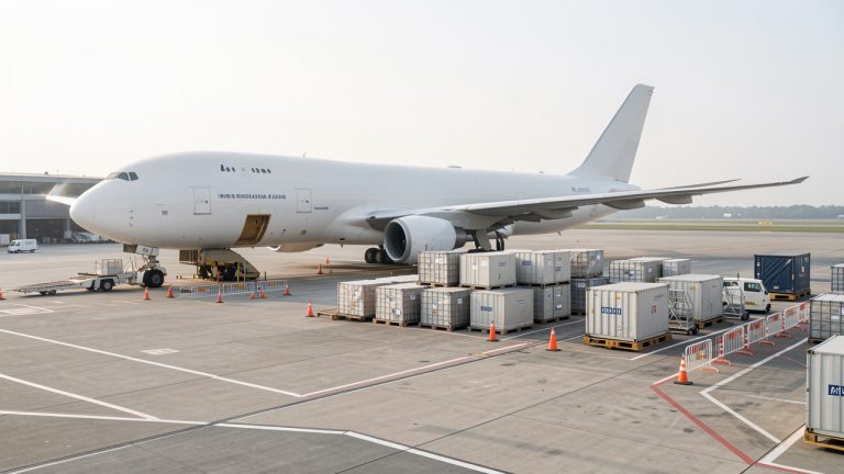 Avion-cargo gros porteur stationné sur une aire de fret aéroportuaire, entouré de palettes, de conteneurs aéronautiques et d’équipements de sécurité.