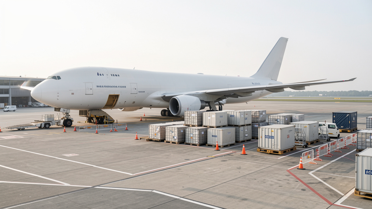 Avion-cargo gros porteur stationné sur une aire de fret aéroportuaire, entouré de palettes, de conteneurs aéronautiques et d’équipements de sécurité.