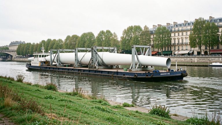 Barge pontée transportant de grandes pales d’éoliennes fixées sur des berceaux, naviguant sur la Seine et observée depuis la rive.