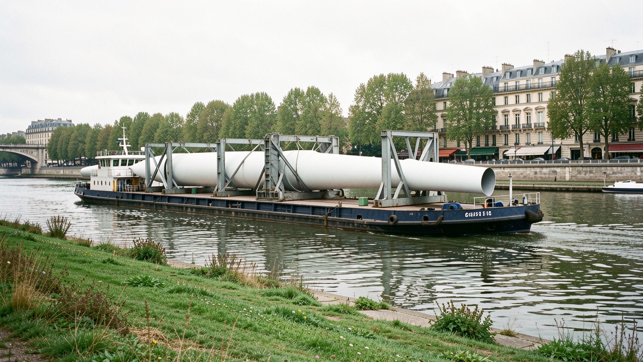Barge pontée transportant de grandes pales d’éoliennes fixées sur des berceaux, naviguant sur la Seine et observée depuis la rive.