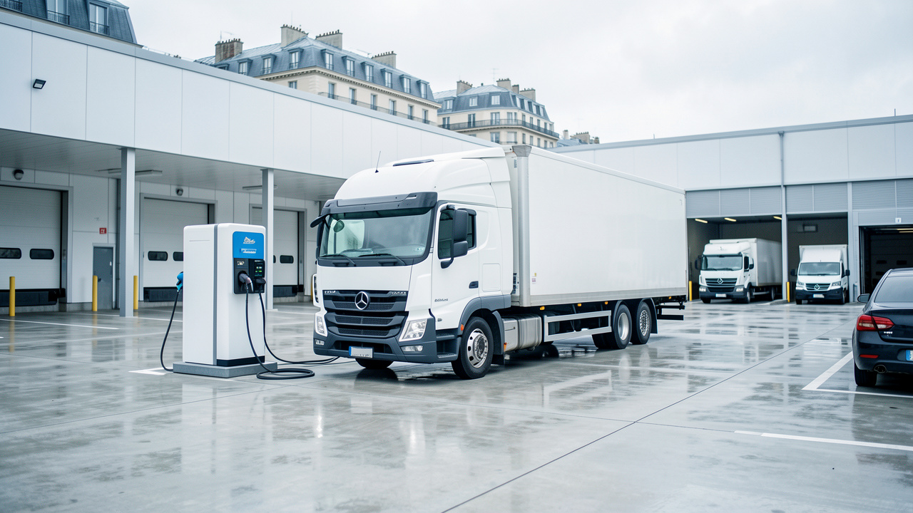 Camion porteur électrique blanc en cours de recharge dans un dépôt logistique parisien équipé de bornes de recharge.