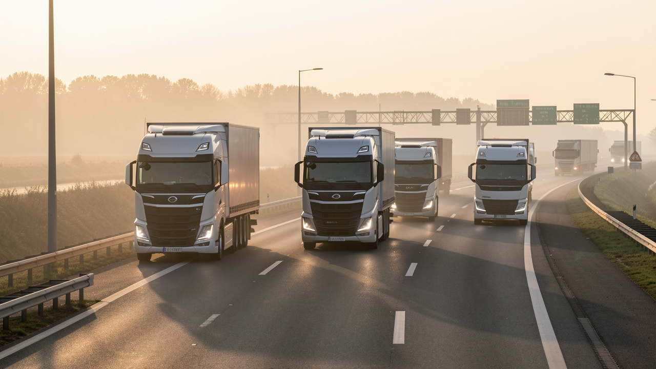 Convoi de camions poids lourds modernes circulant sur une autoroute européenne, ambiance professionnelle et contrôle logistique discret dans un style photographique réaliste.