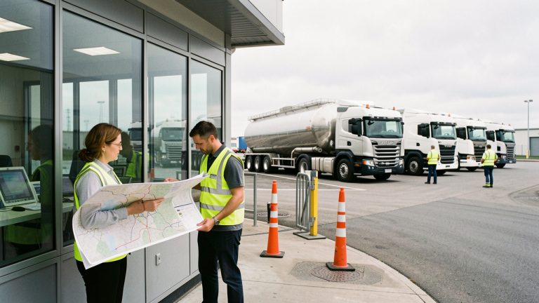Centre d'exploitation de transport ADR avec une planificatrice, deux conducteurs en gilet haute visibilité et plusieurs camions-citernes stationnés dans une aire sécurisée.