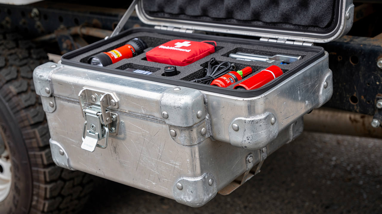 Gros plan technique d’un coffre étanche en aluminium fixé au châssis d’un camion, avec joint périphérique, serrure protégée et matériel de sécurité soigneusement rangé.