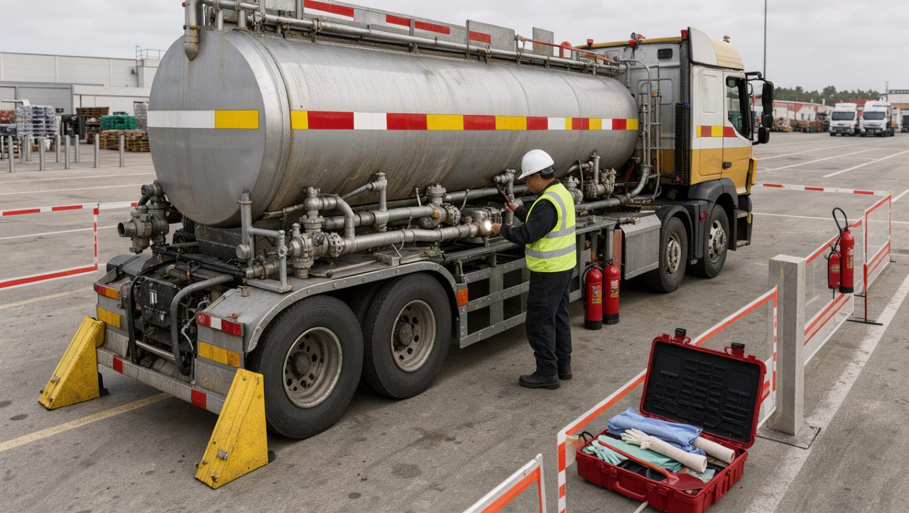Camion-citerne de transport de matières dangereuses contrôlé sur un parking logistique, avec équipements de sécurité visibles.