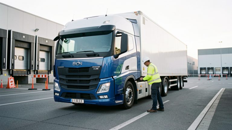 Camion poids lourd moderne inspecté par un agent de logistique sur une aire logistique européenne avant son départ.