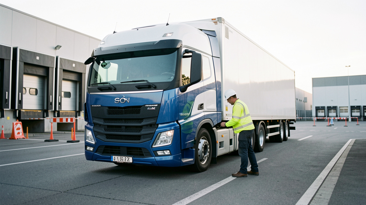 Camion poids lourd moderne inspecté par un agent de logistique sur une aire logistique européenne avant son départ.
