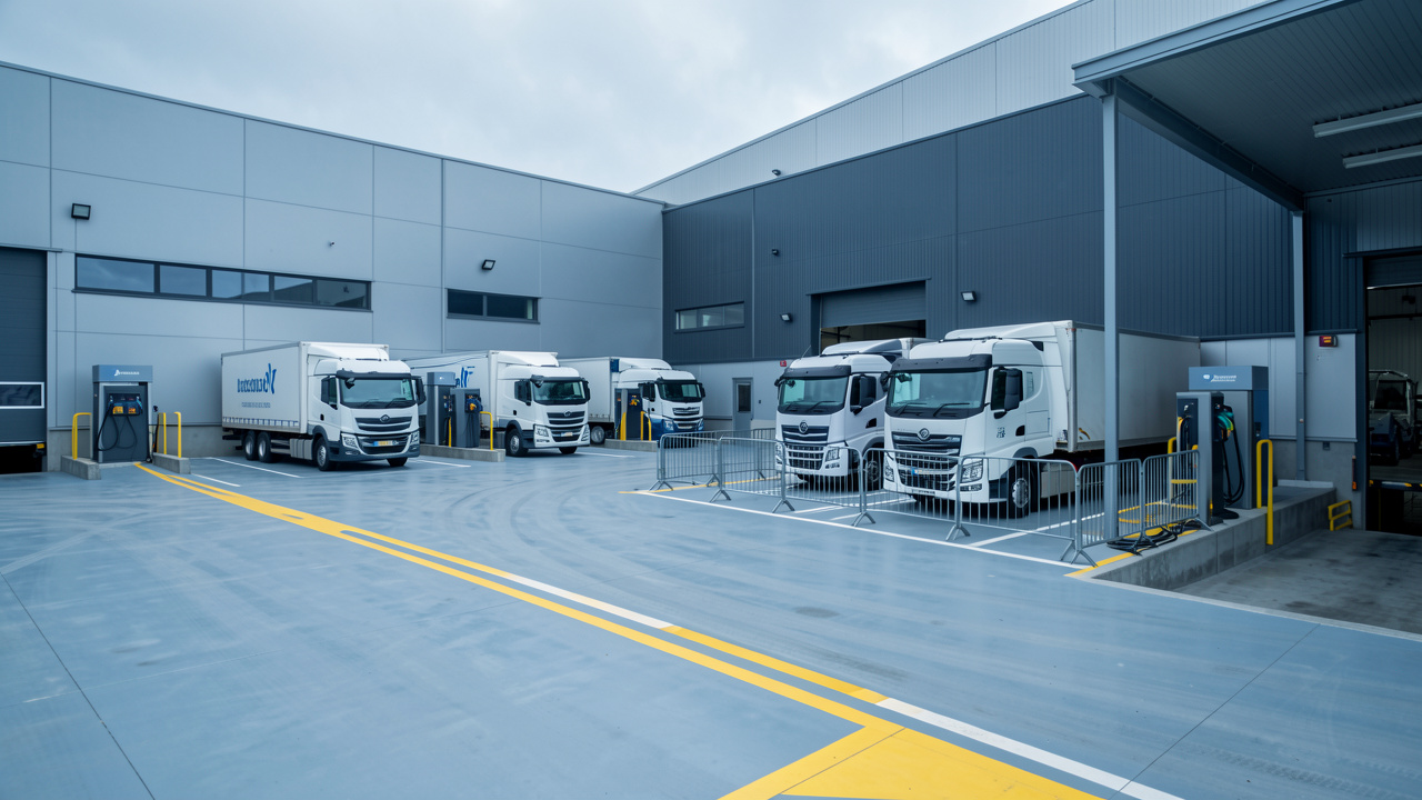 Dépôt logistique industriel moderne avec plusieurs camions électriques ADR stationnés dans des emplacements séparés, bornes de recharge haute puissance protégées et marquages de sécurité au sol.
