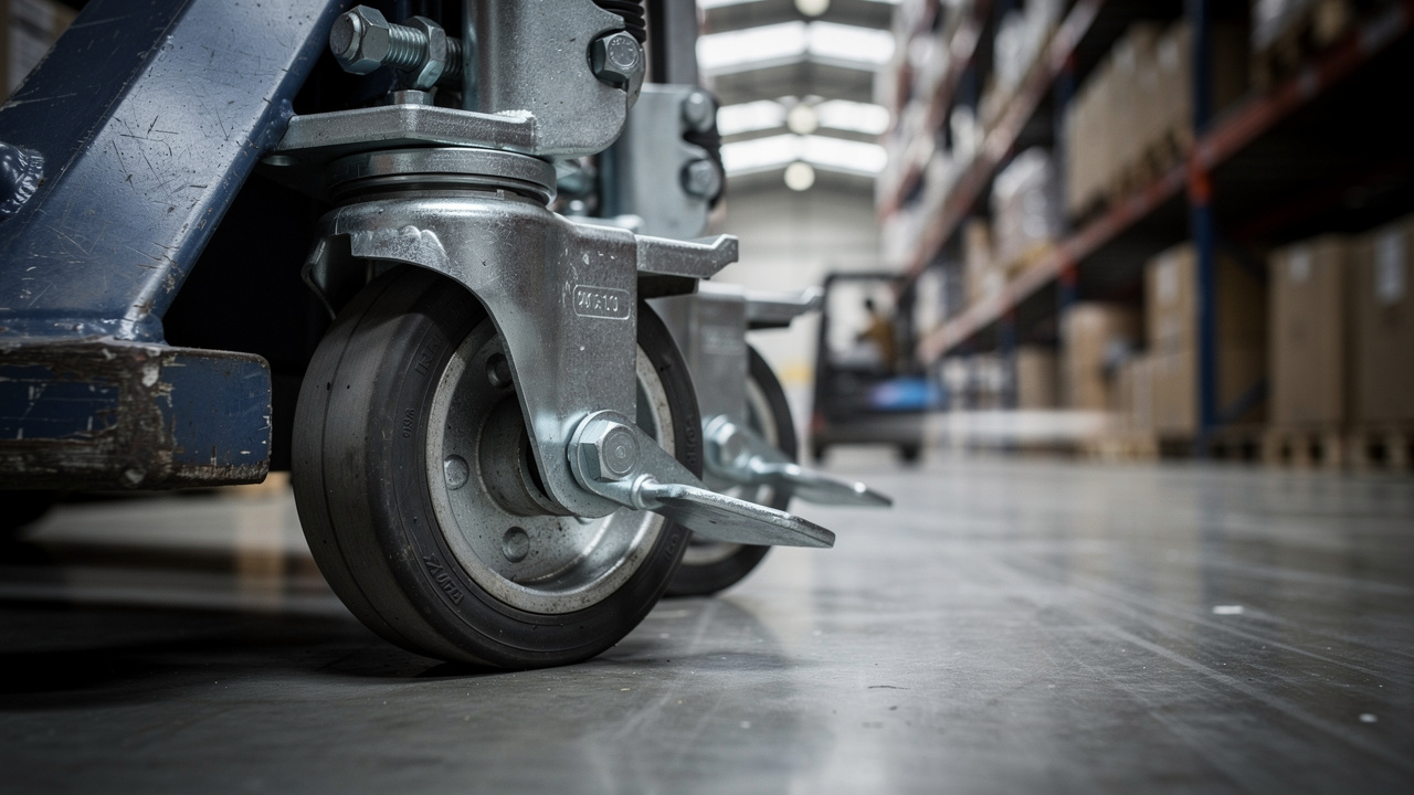 Gros plan de roulettes industrielles avec frein, à côté de chariots de manutention dans une zone logistique étroite.