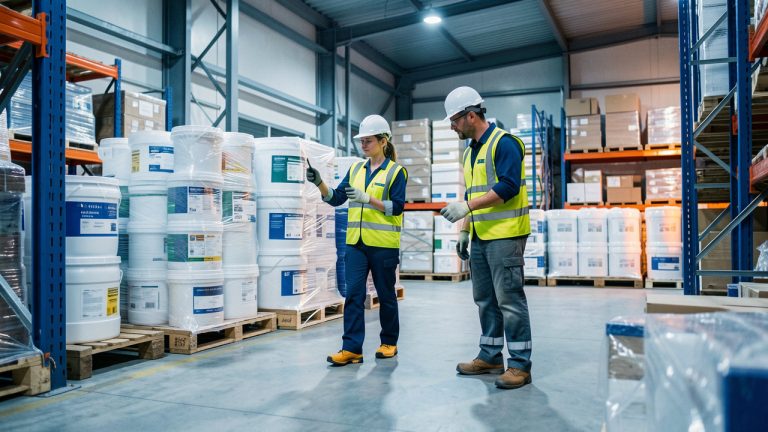 Plateforme logistique moderne et sécurisée avec des palettes de contenants industriels scellés, deux opérateurs équipés de vêtements de protection et une zone de stockage organisée.