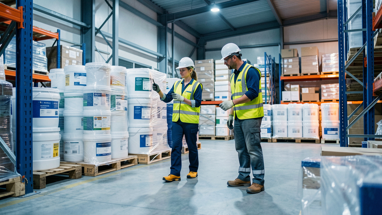 Plateforme logistique moderne et sécurisée avec des palettes de contenants industriels scellés, deux opérateurs équipés de vêtements de protection et une zone de stockage organisée.