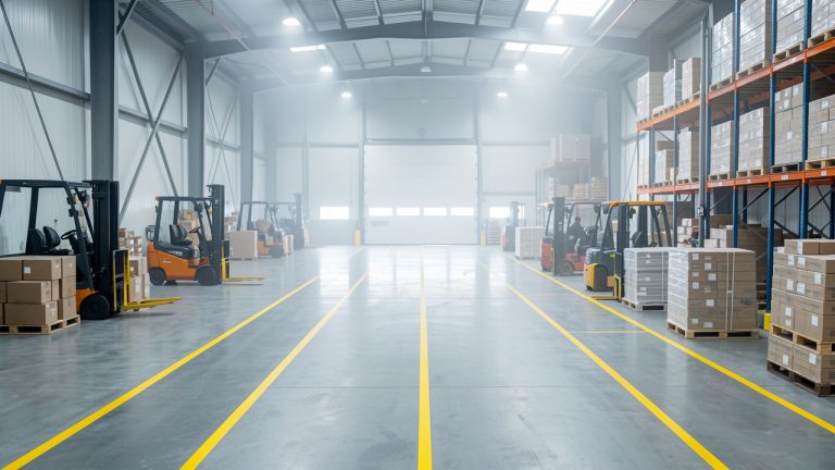 Plateforme logistique mobile organisée dans un entrepôt industriel moderne et propre, avec marquage au sol et véhicules de manutention alignés.