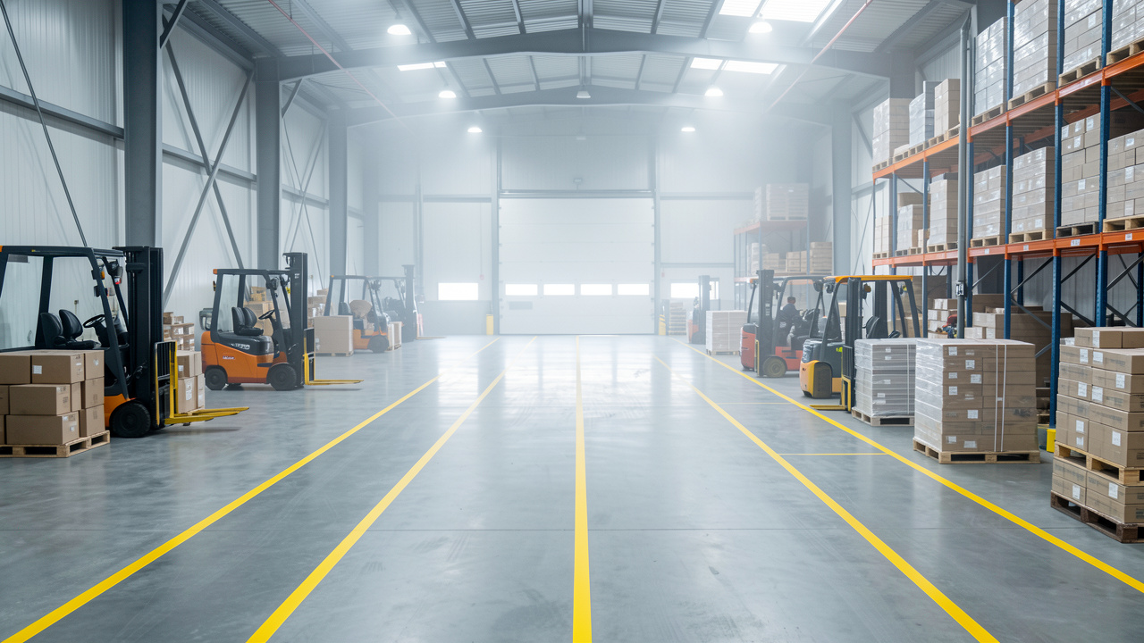 Plateforme logistique mobile organisée dans un entrepôt industriel moderne et propre, avec marquage au sol et véhicules de manutention alignés.
