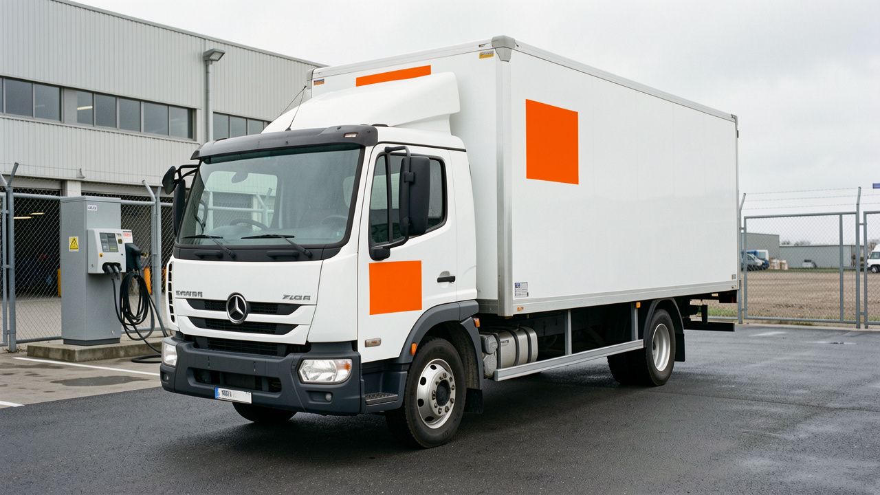 Poids lourd électrique blanc avec des plaques de sécurité orange sans marquage, stationné dans un dépôt logistique sécurisé.