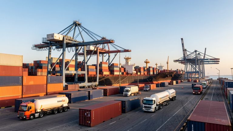 Vue réaliste d’un port africain moderne avec porte-conteneurs, grues de quai, conteneurs spécialisés et camions-citernes alignés dans une zone logistique.