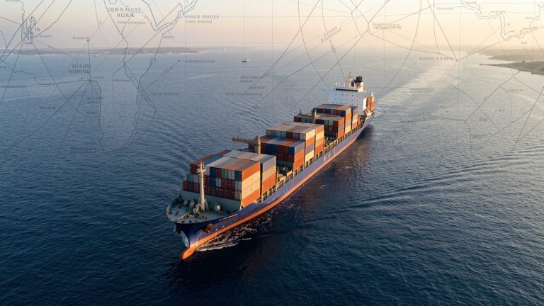 Navire porte-conteneurs transportant des conteneurs industriels scellés dans le détroit d’Ormuz, vu depuis les airs dans une ambiance maritime professionnelle et réaliste.