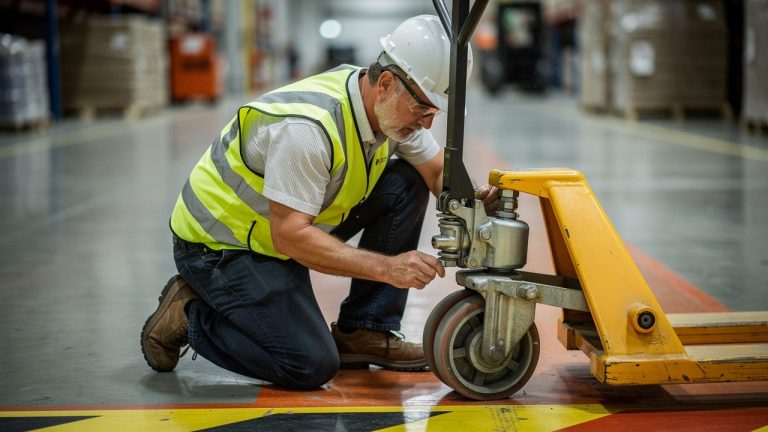 Responsable logistique inspectant un transpalette et ses roulettes dans un entrepôt industriel, avec marquage au sol de sécurité.