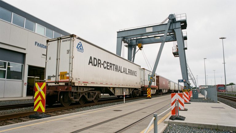 Terminal ferroviaire de Mouguerre près de Bayonne montrant une semi-remorque ADR transférée sur un wagon, avec des marquages de sécurité visibles et une ambiance logistique réaliste.