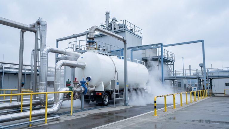 Terminal industriel de captage du CO2 avec une citerne cryogénique blanche en cours de chargement, des tuyauteries isolées et des équipements de sécurité.