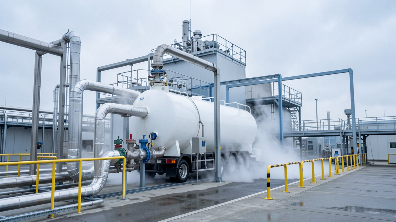 Terminal industriel de captage du CO2 avec une citerne cryogénique blanche en cours de chargement, des tuyauteries isolées et des équipements de sécurité.