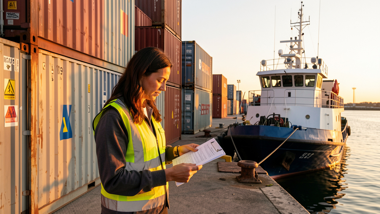 Terminal portuaire régional au lever du jour, avec une inspectrice contrôlant des documents vierges près de conteneurs industriels et un navire feeder amarré à quai.