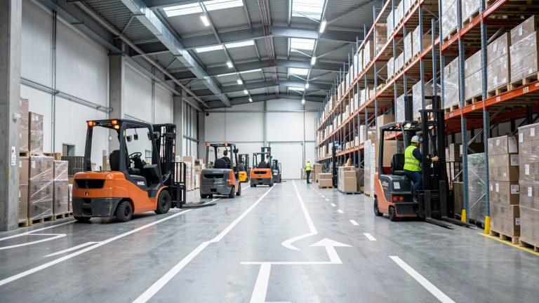 Zone logistique moderne avec marquage au sol, circulation fluide, chariots et opérateurs en gilets haute visibilité travaillant près des racks à palettes.
